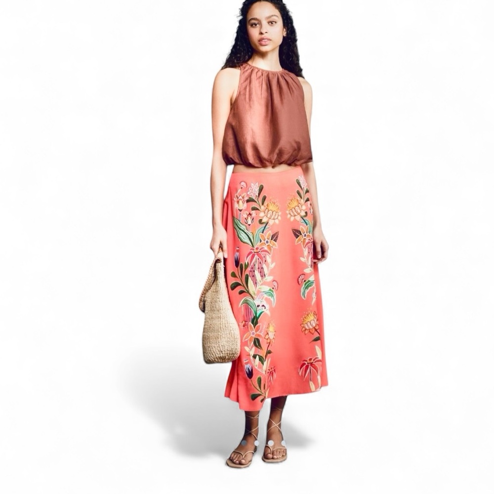 Farm Rio x Anthropologie Satin Slip Midi Skirt Tropical Tangerine XS